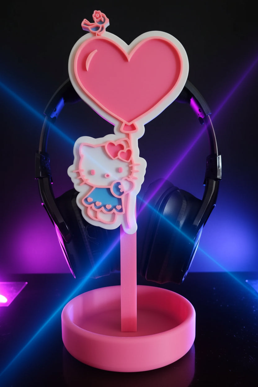 Close-up of Hello Kitty headphone stand showing heart balloon and bird detail