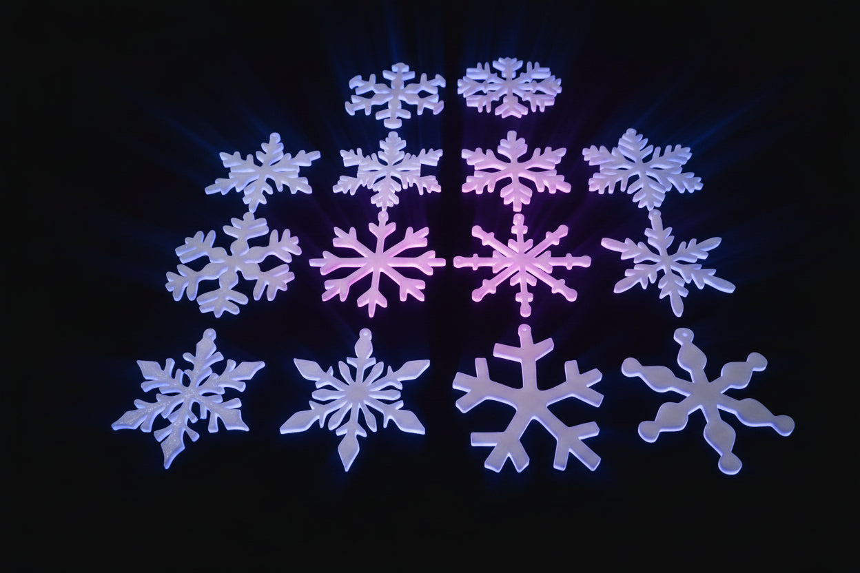 3D printed white snowflake ornaments on Bambu printer build plate showing intricate branching designs