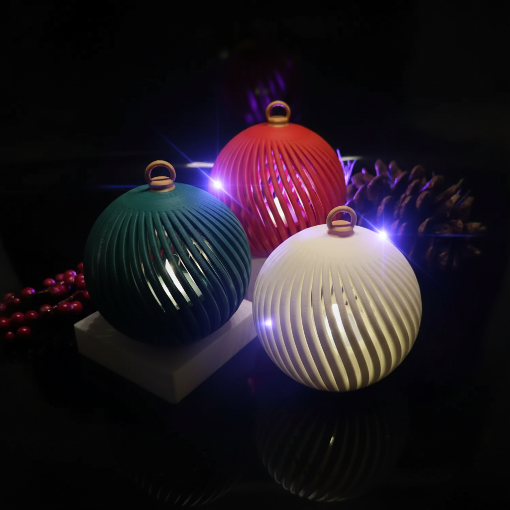 Close-up of 3D printed holiday LED ornaments in green, red, and white showing spiral ribbed detail