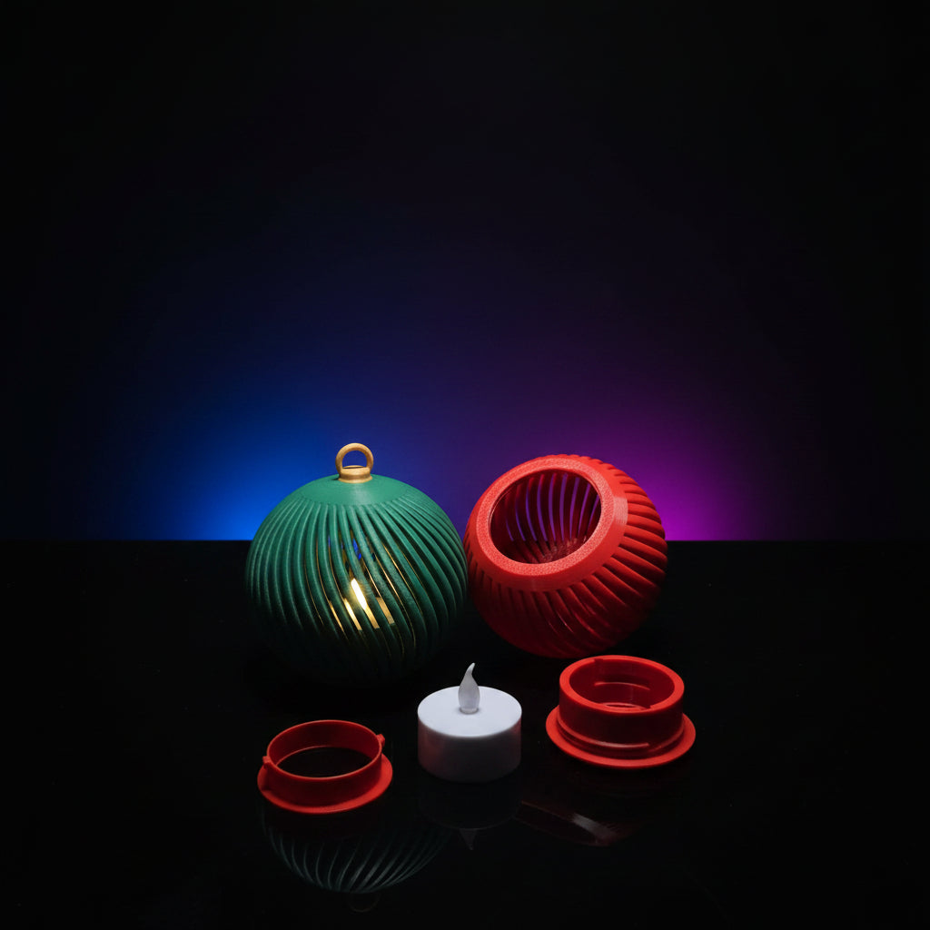 Exploded view of 3D printed holiday LED ornament showing two-piece construction and included flameless tea light candle