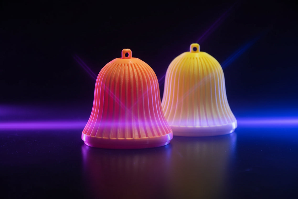 3D printed ribbed holiday bell ornaments in orange and yellow on a wood surface