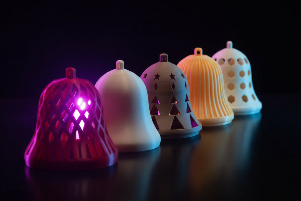 Five 3D printed holiday bell ornaments in a row showing lattice red, solid cream, Christmas tree tan, ribbed orange, and hexagon cream styles