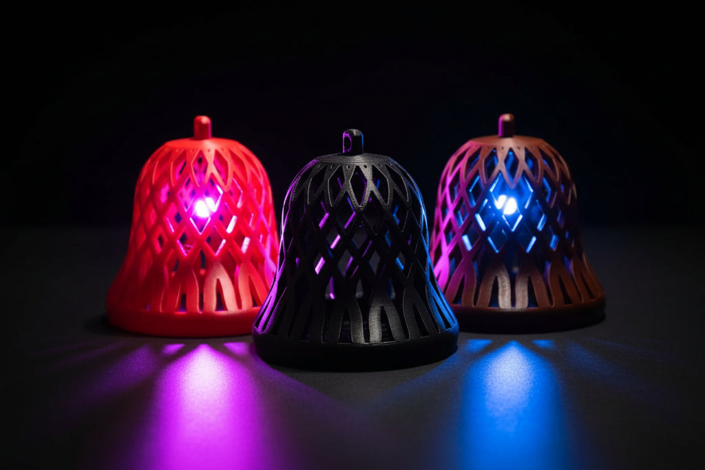 3D printed lattice holiday bell ornaments in red, black, and brown on a wood surface
