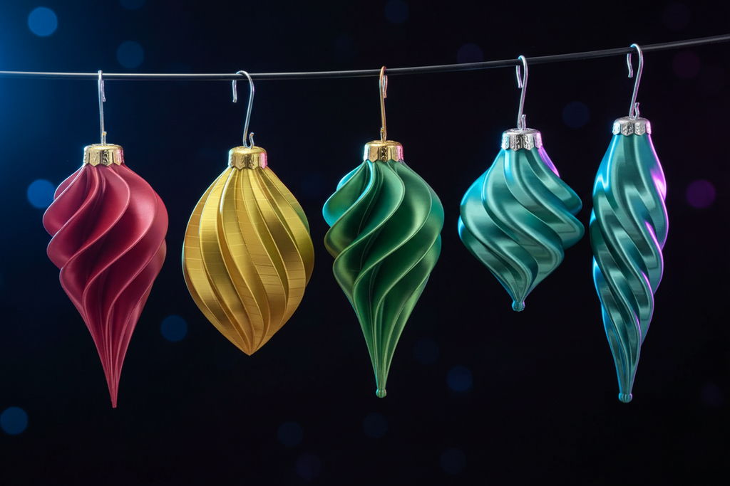 Vase mode holiday ornaments - only 7 grams of plastic each, shown in multiple colors