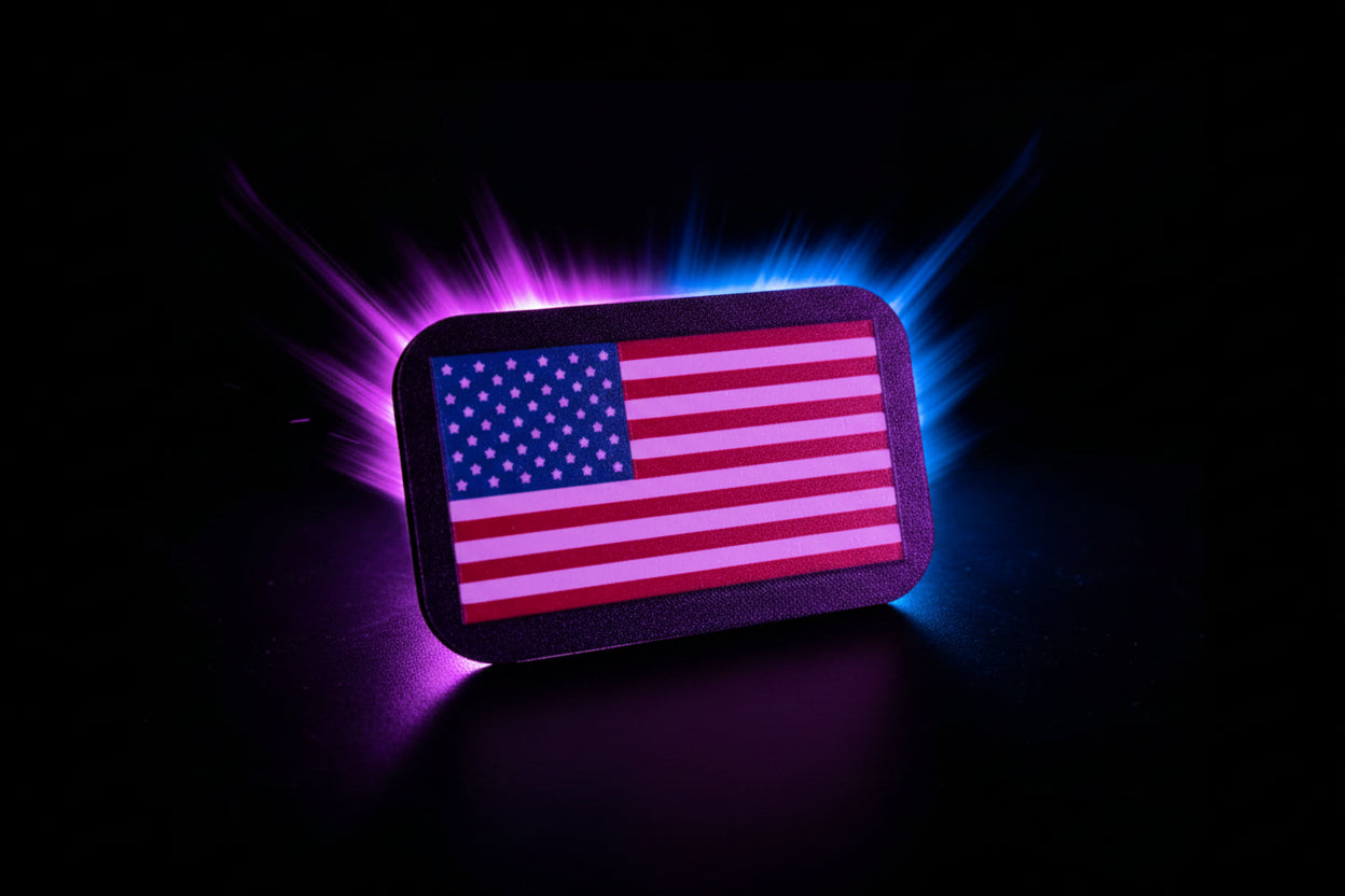 3D printed USA flag tow hitch cover close-up showing stars and stripes detail