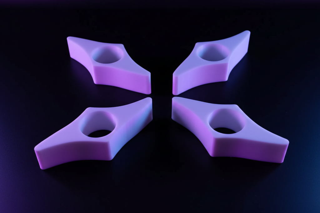 Four 3D printed book page holders standing upright on wooden surface showing depth and star-point design