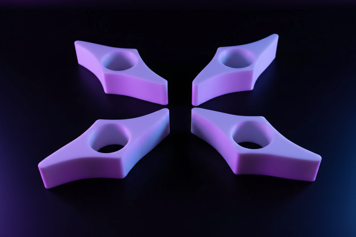 Four 3D printed book page holders standing upright on wooden surface showing depth and star-point design