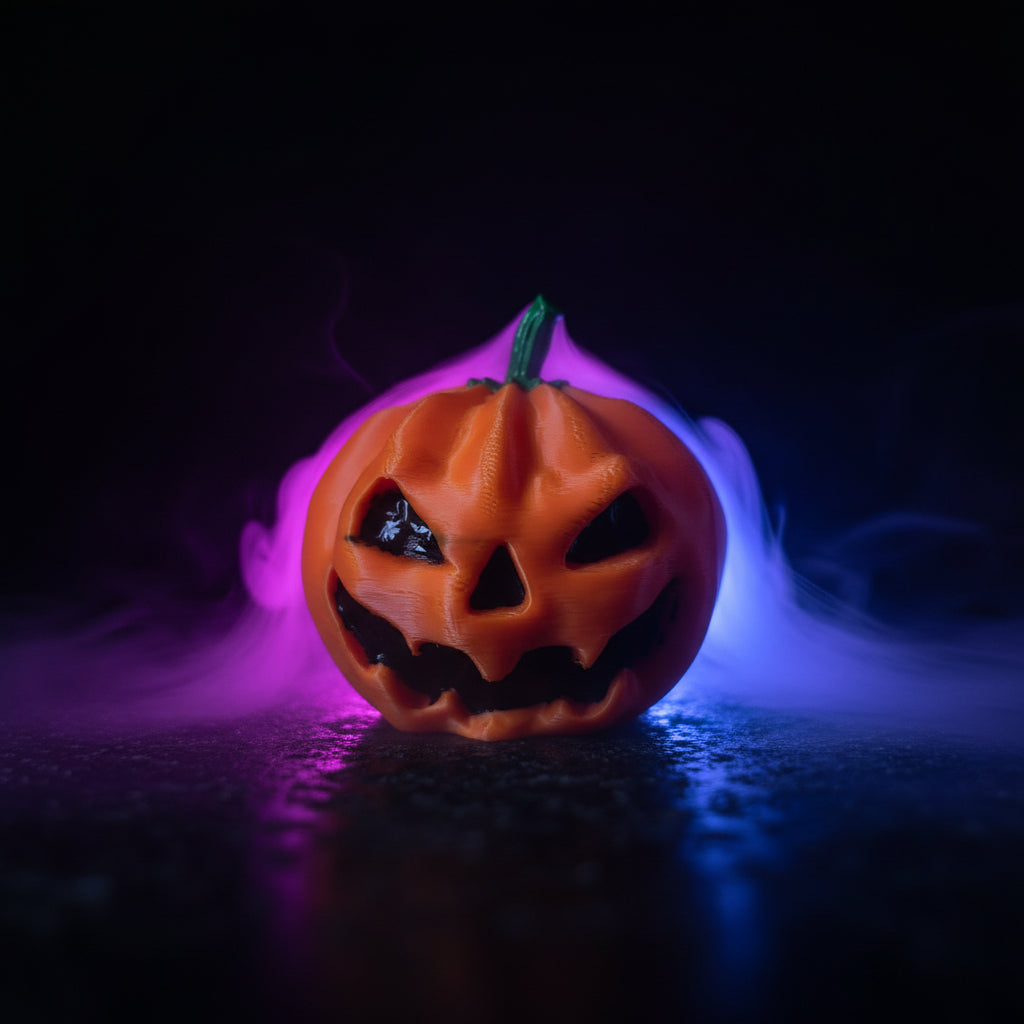 3D printed two-tone orange and green stem jack-o'-lantern tow hitch cover on table