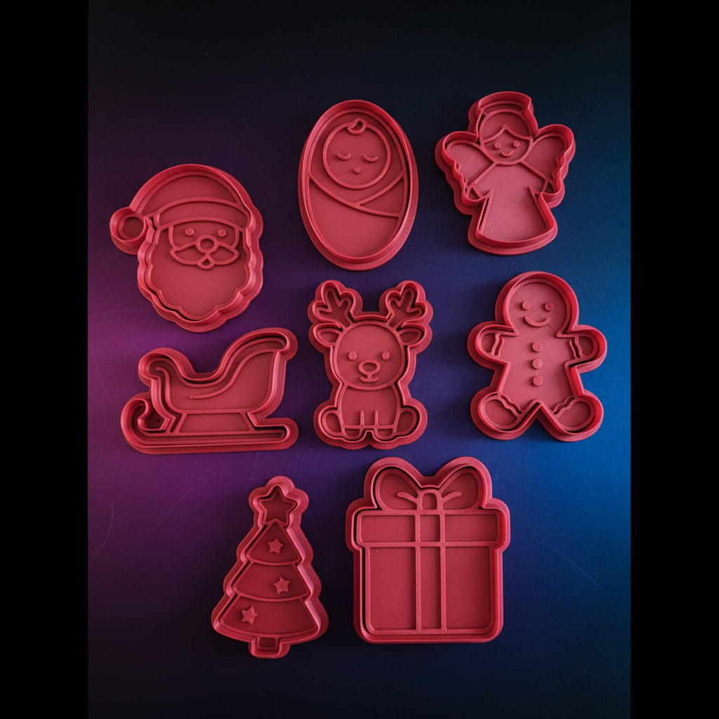 3D Printed Christmas Cookie Cutter Set 3 - 8 Piece Stamp Style