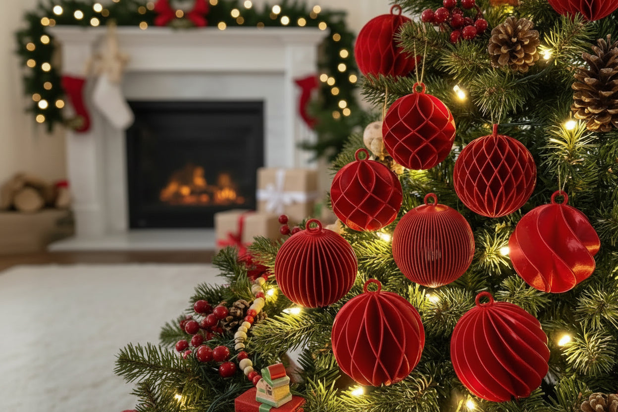 Holiday spiral ornaments in red - top view showing 7 unique designs