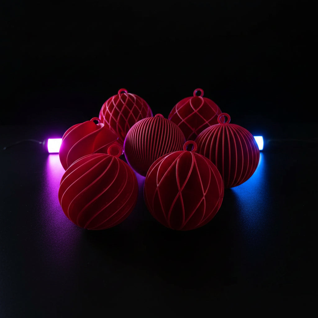 Holiday spiral ornaments in red - side angle view