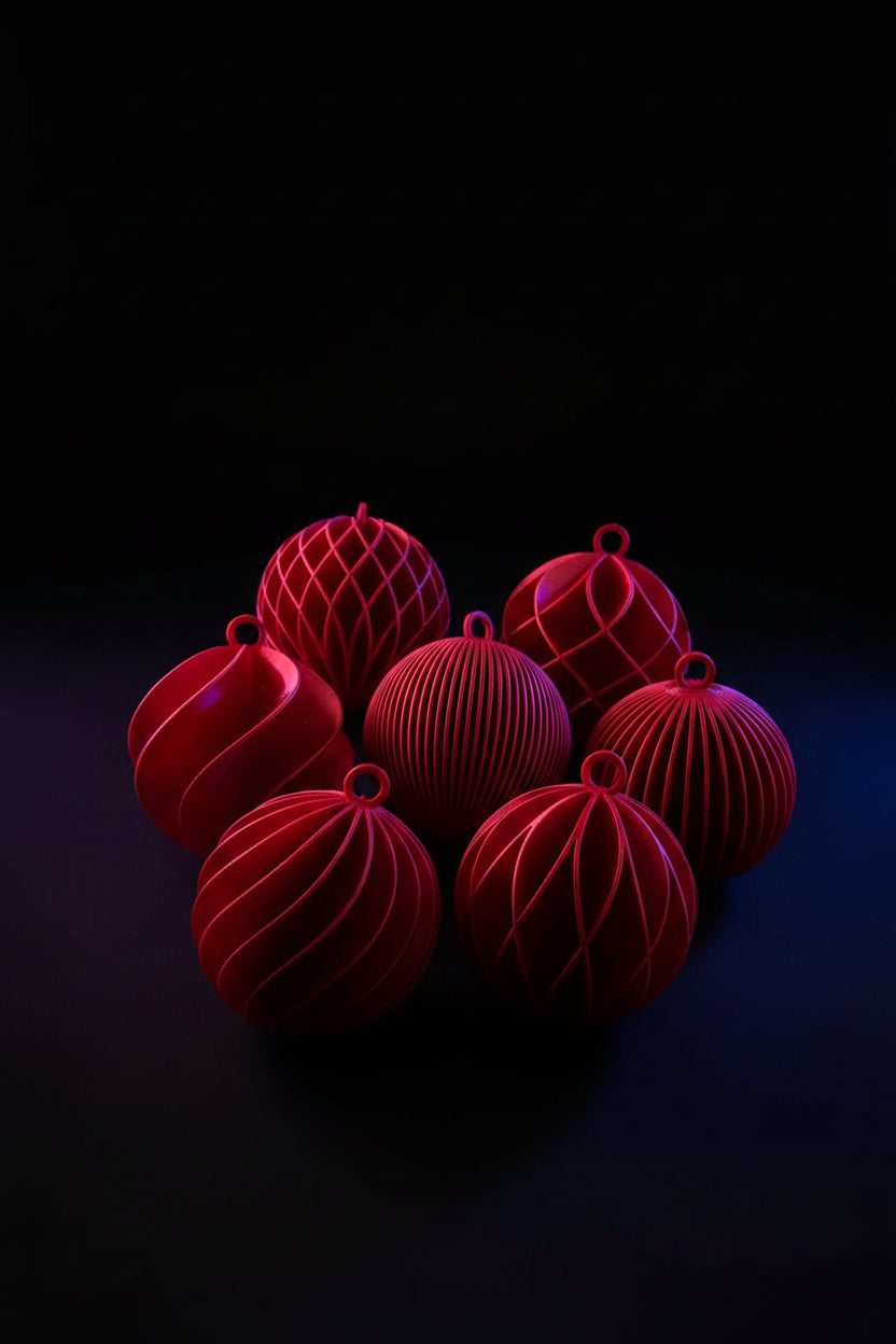 Holiday spiral ornaments hanging on a Christmas tree