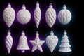 Set of 10 intricate 3D printed holiday ornaments in white with scrollwork and filigree detail on black background