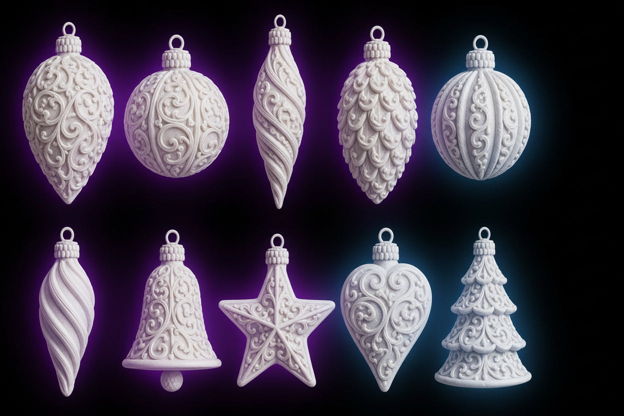 Set of 10 intricate 3D printed holiday ornaments in white with scrollwork and filigree detail on black background