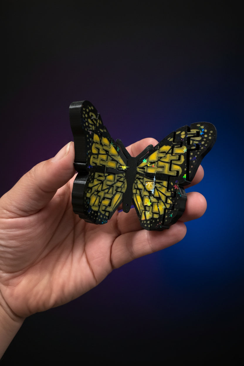 Black and yellow flexi butterfly held in hand showing articulated wings