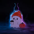 3D Printed Spooky Ghost Interchangeable BBW Soap Dispenser Cover with orange beanie and pumpkin