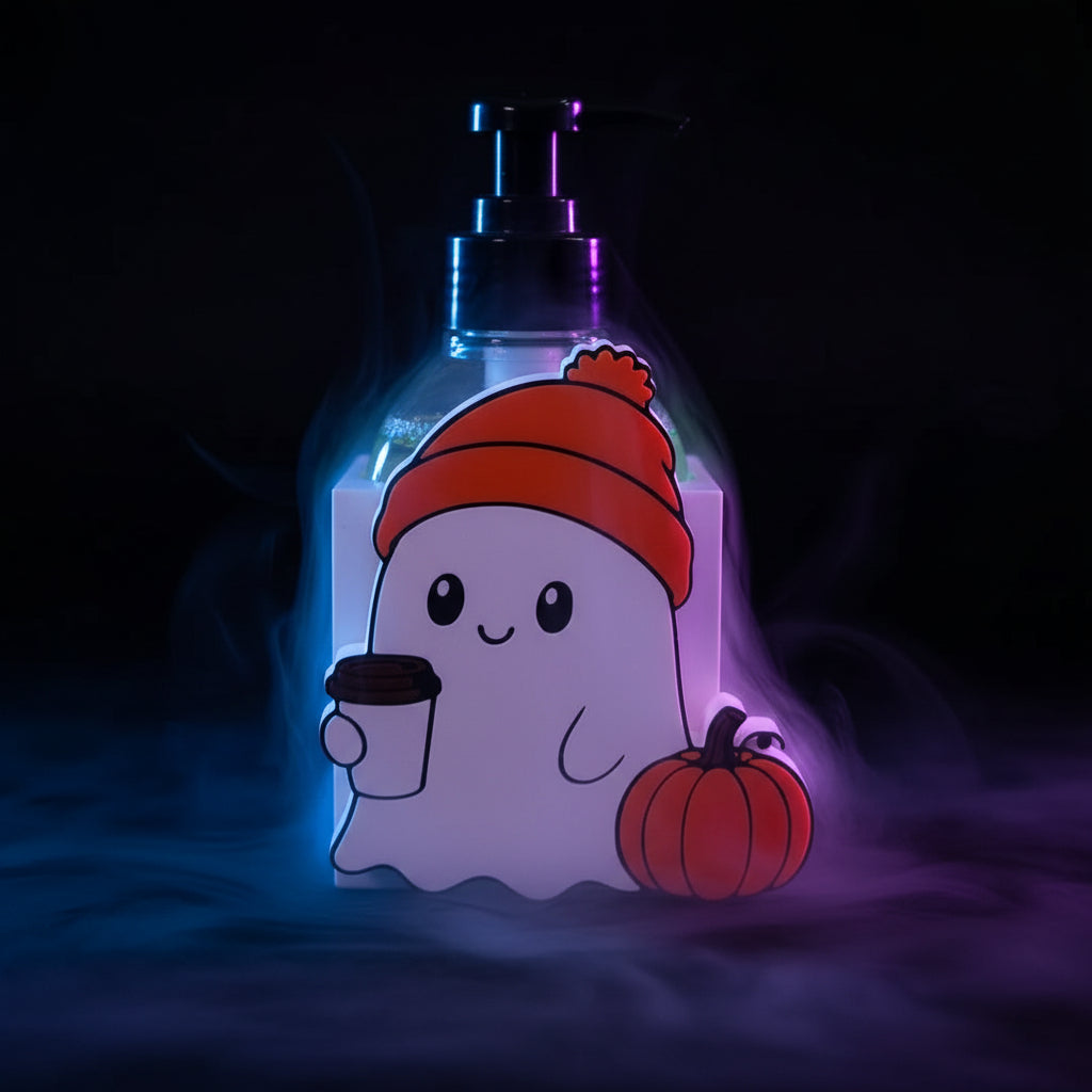 3D Printed Spooky Ghost Interchangeable BBW Soap Dispenser Cover with orange beanie and pumpkin