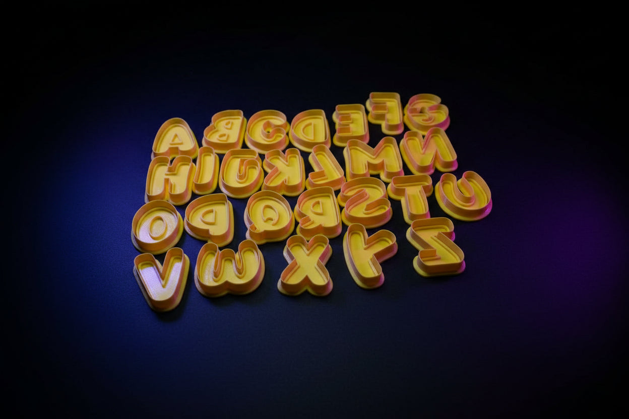 Bubble letter alphabet cookie cutters styled on a wooden table with baking props