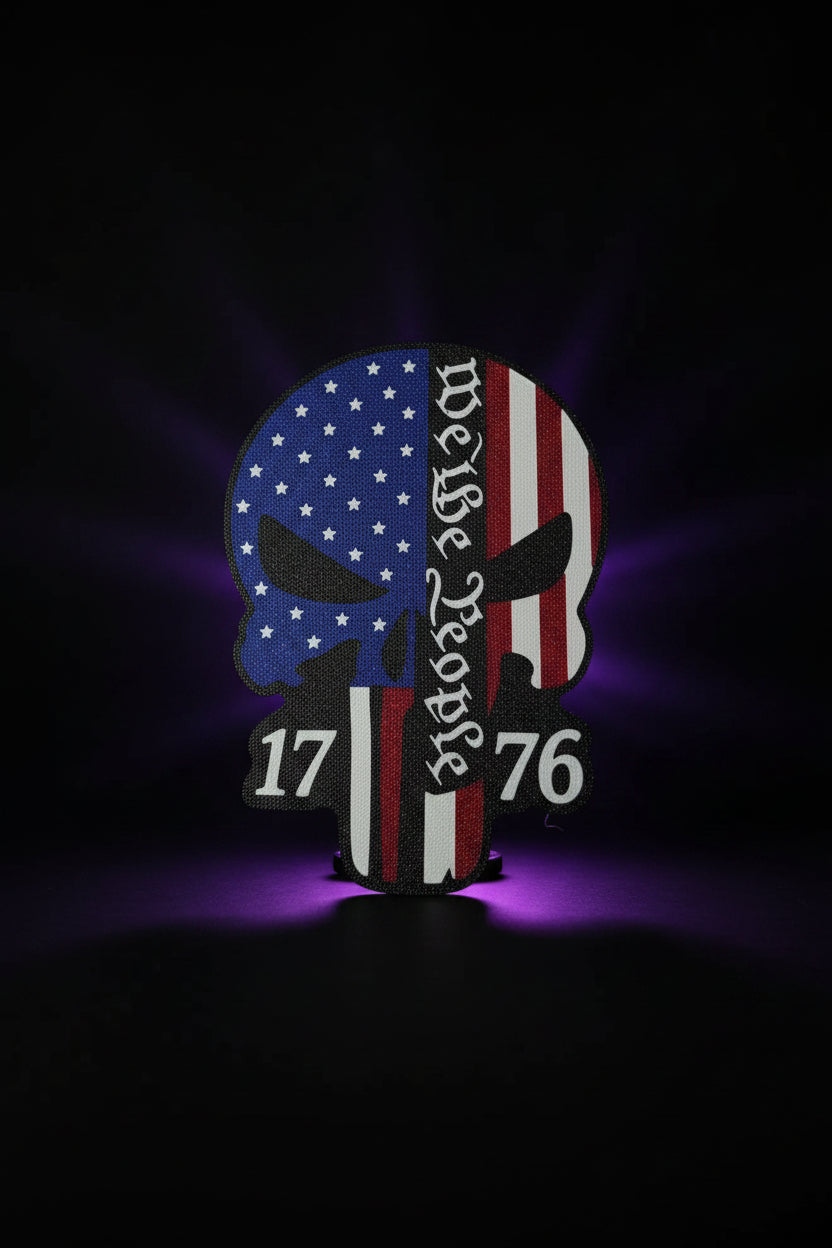 3D printed patriotic skull tow hitch cover with American flag We the People 1776 design — front view