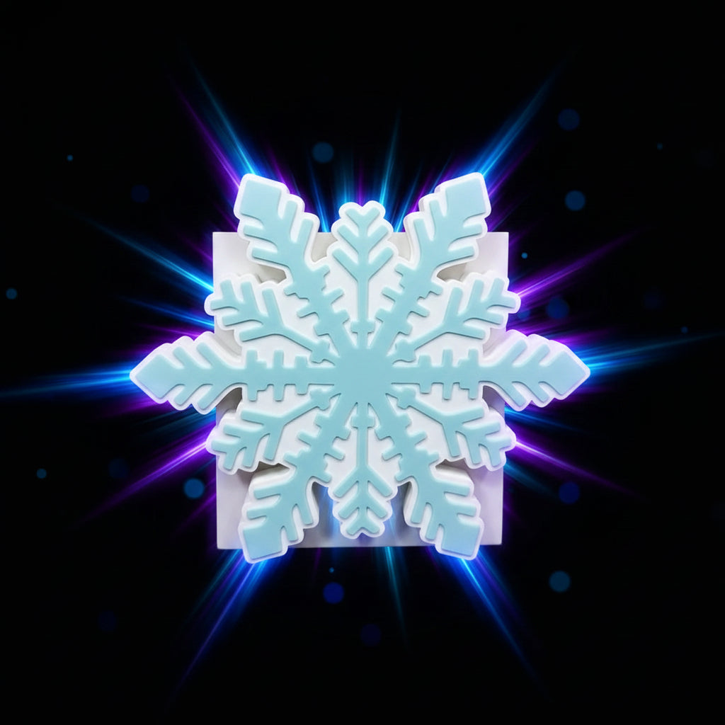 3D printed two-tone snowflake BBW interchangeable soap cover in white and icy blue on a Softsoap bottle - front view