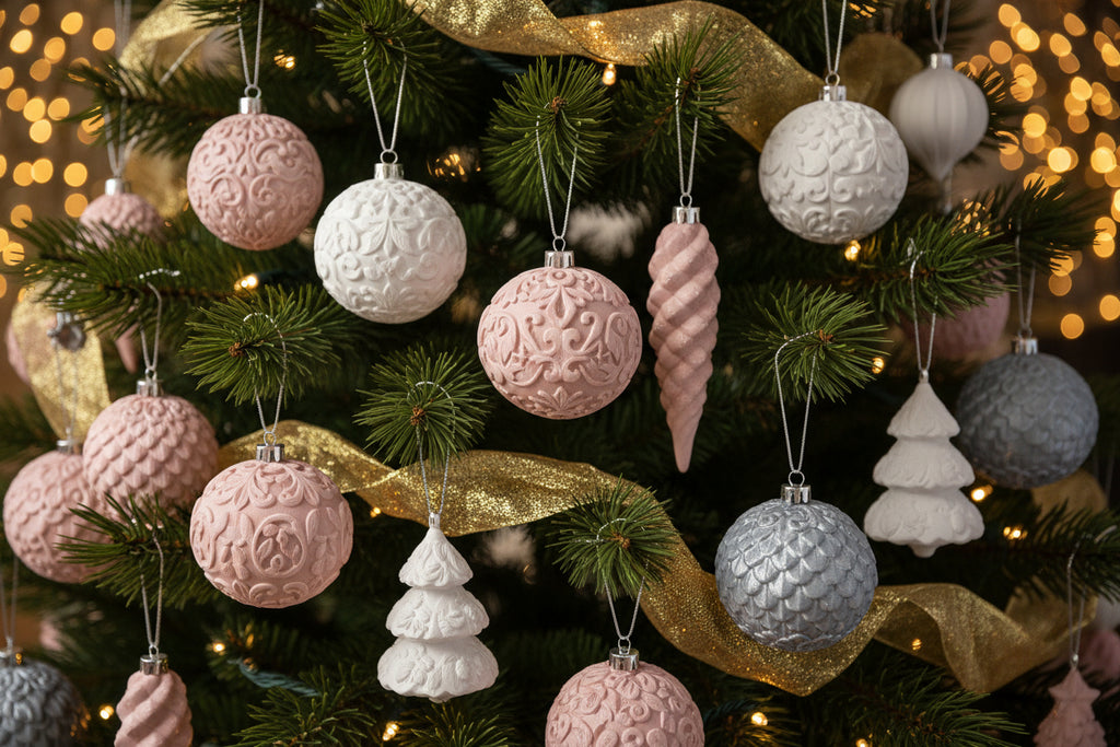 Intricate 3D printed holiday ornaments in white, gray, and blush pink hanging on a lit Christmas tree