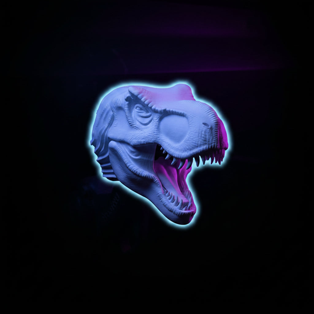 3D printed white T-Rex dinosaur tow hitch cover on vehicle hitch — side view