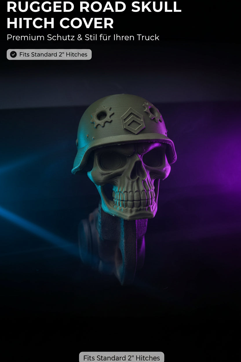 3D printed military skull tow hitch cover in olive green on a truck hitch