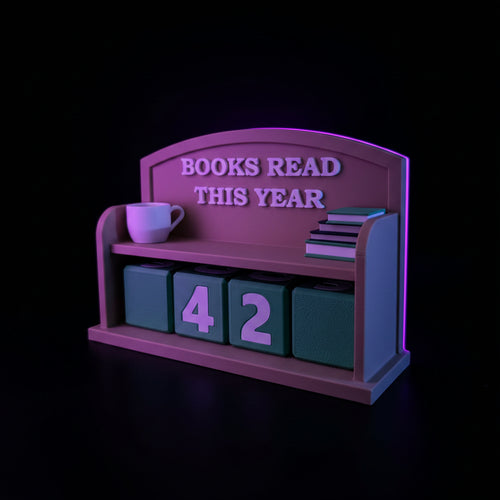 Side angle view of 3D printed Books Read This Year counter display with swappable teal number blocks