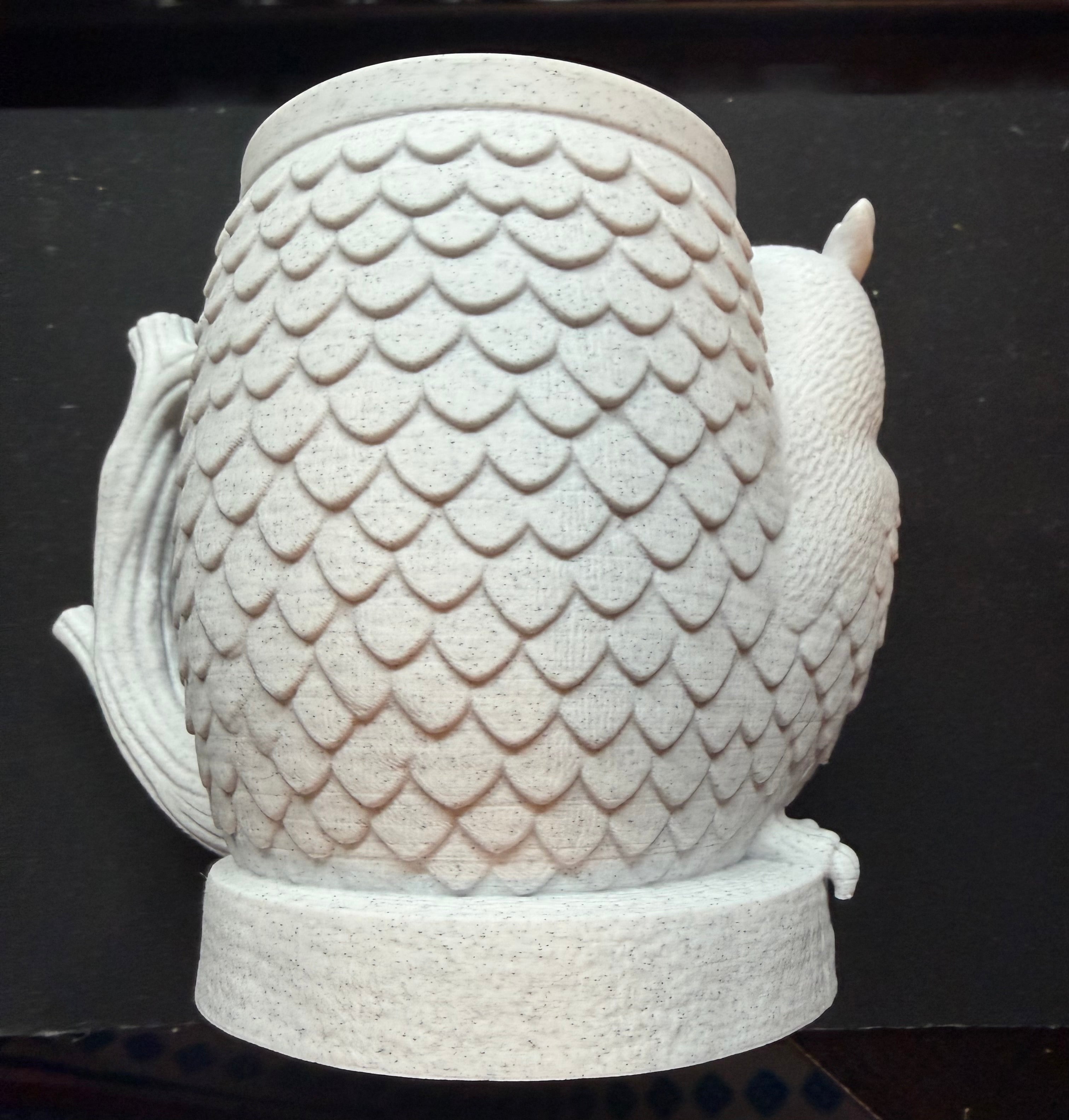 3D printed owl can holder back view showing scale feather texture and tail