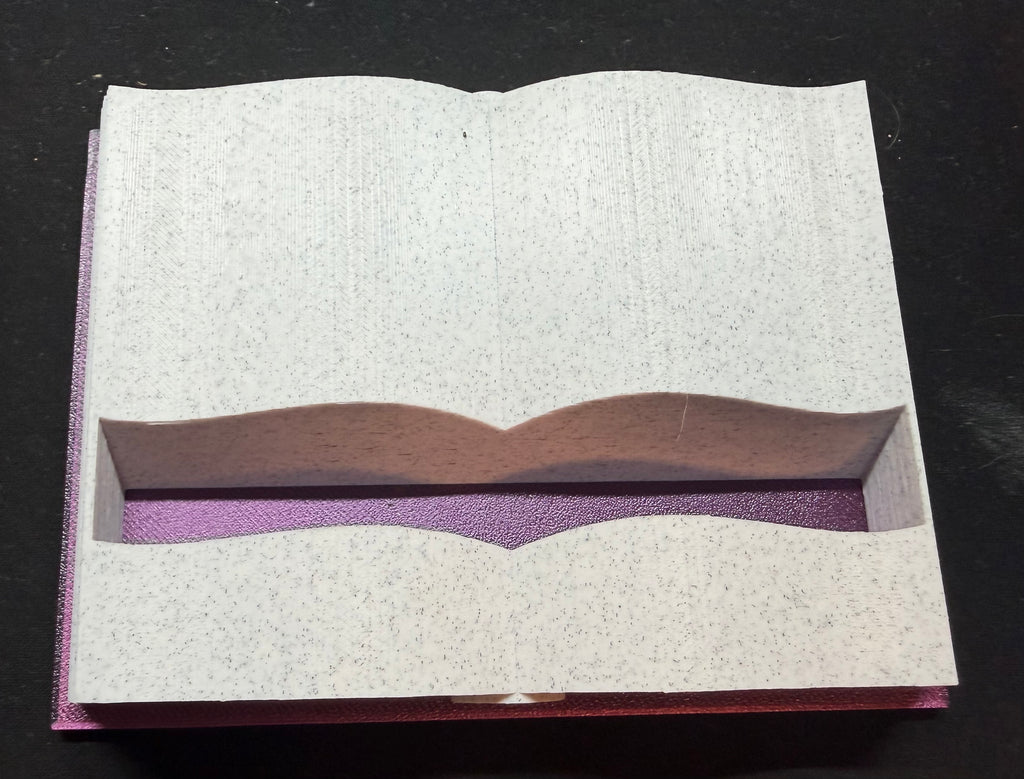 3D printed open book Kindle stand - top view showing slot