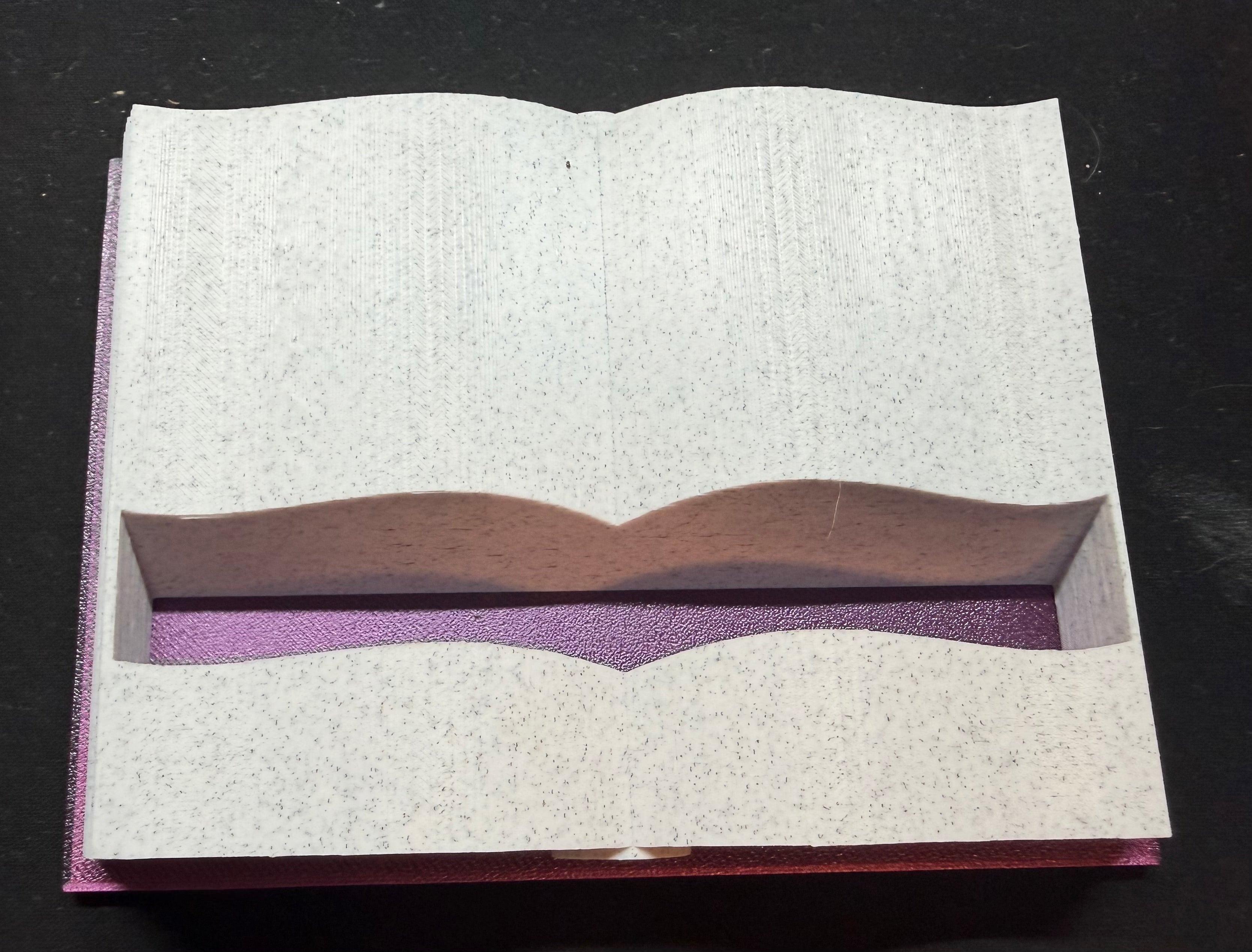 3D printed open book Kindle stand - top view showing slot