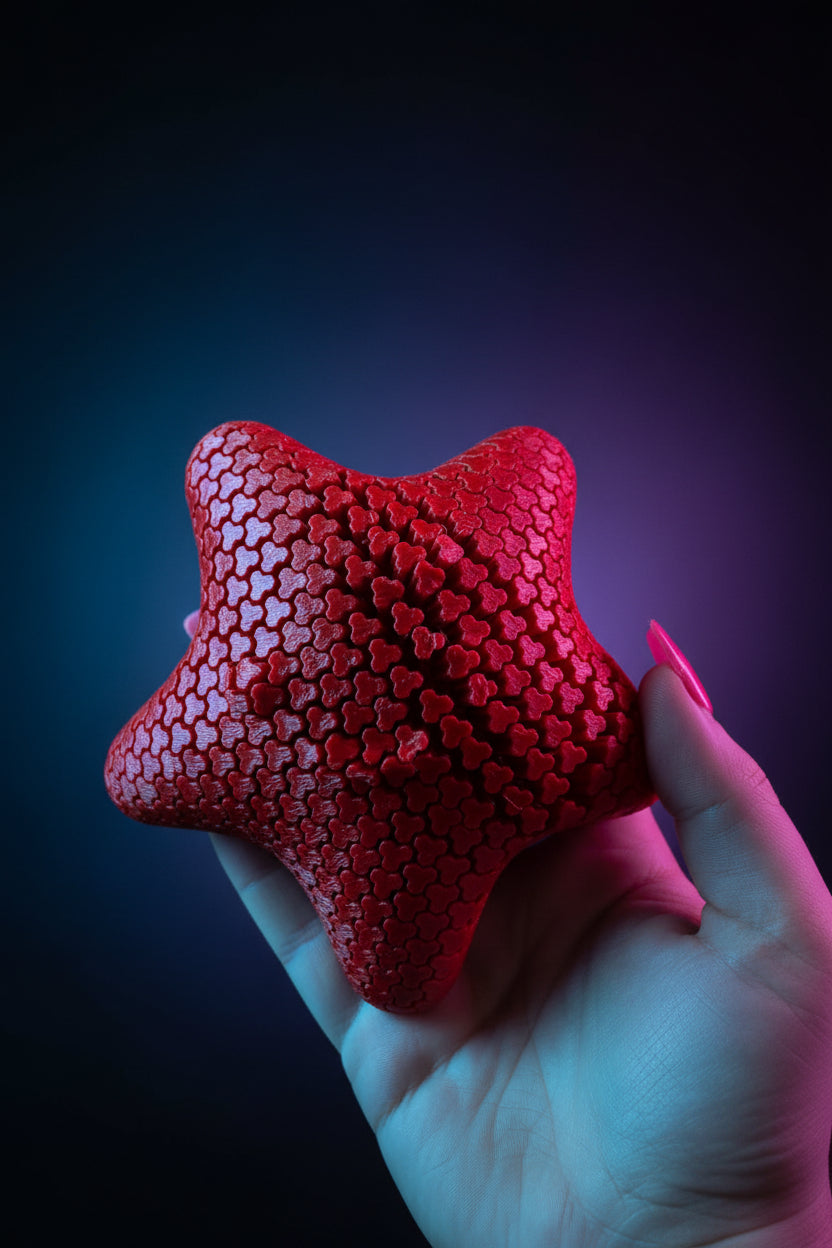 3D printed flexi starfish fidget toy held in hand showing size