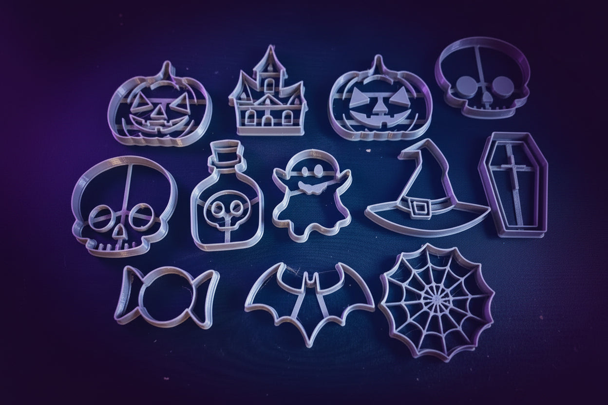 12-piece Halloween cookie cutter set including pumpkins, haunted house, skull, ghost, witch hat, coffin, bat, and spider web