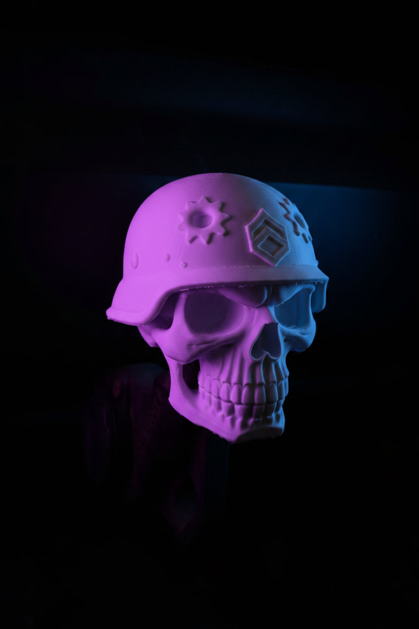 3D printed white military skull tow hitch cover side profile view