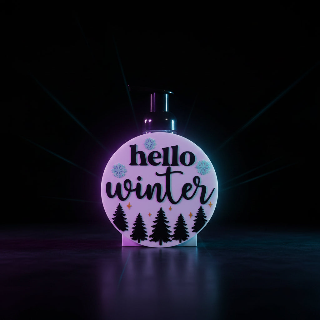 Hello Winter BBW interchangeable soap cover styled on a foaming soap dispenser with wood cutting boards and greenery in background