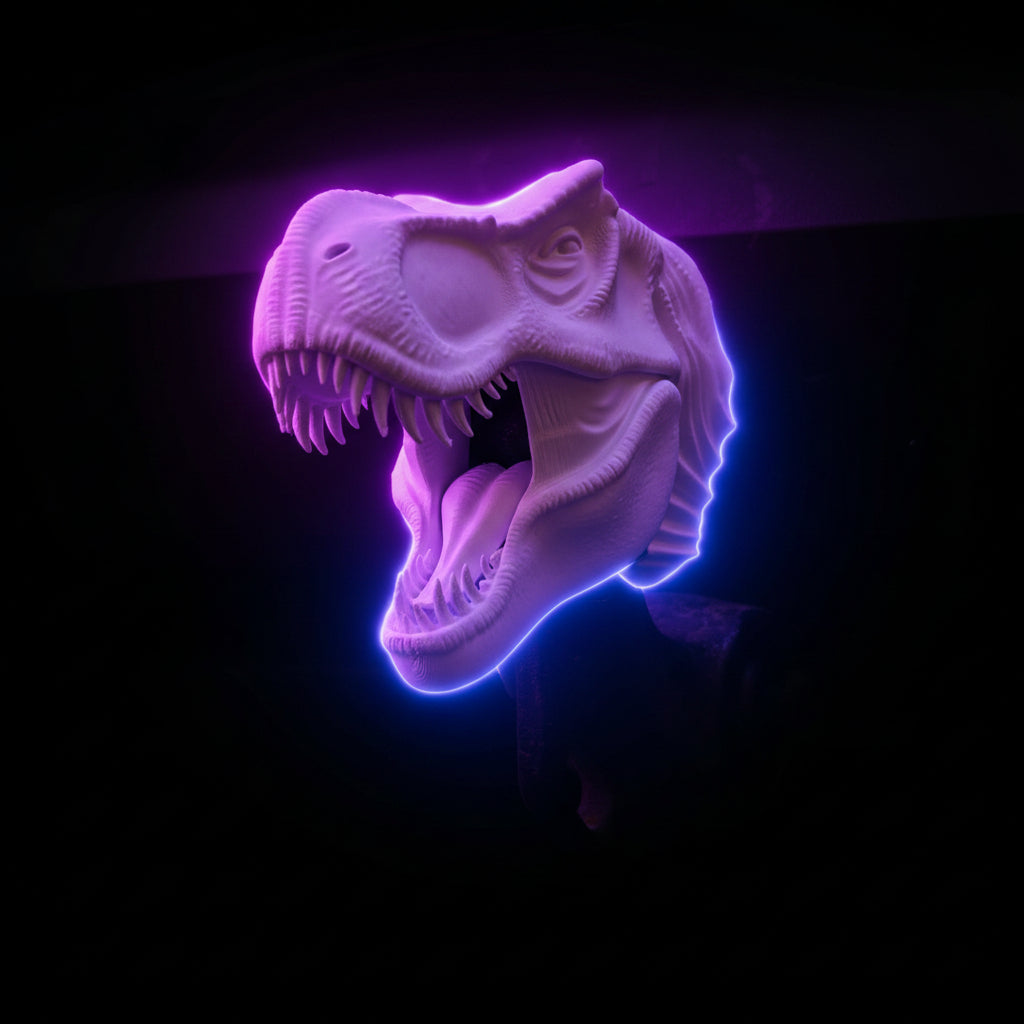 3D printed white T-Rex dinosaur tow hitch cover on vehicle hitch — front angle showing open jaw and teeth