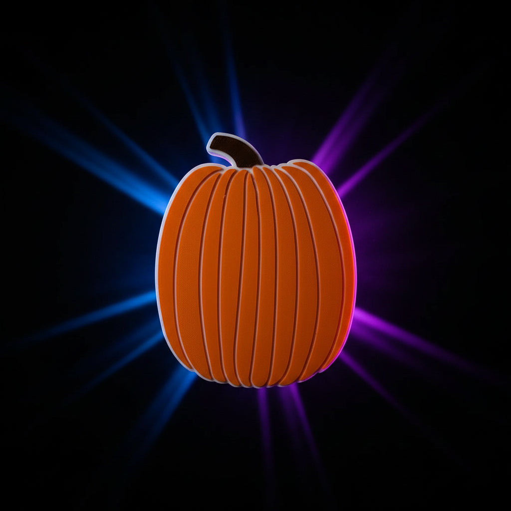 3D printed orange pumpkin bottle holder with white accent ridges and brown stem