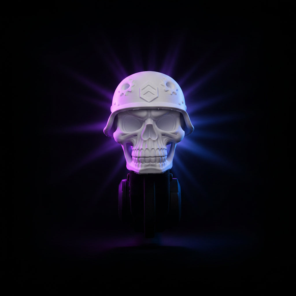 3D printed white military skull tow hitch cover rear angle view on truck