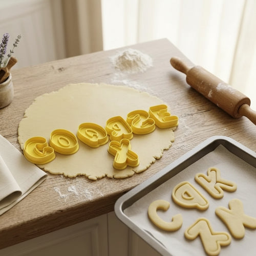 3D printed bubble letter alphabet cookie cutter set laid out flat, yellow