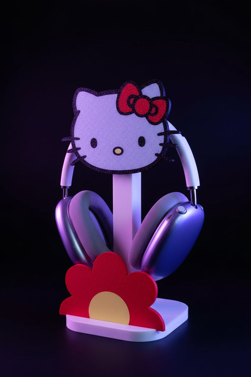 Hello Kitty face headphone stand with flower base holding purple headphones